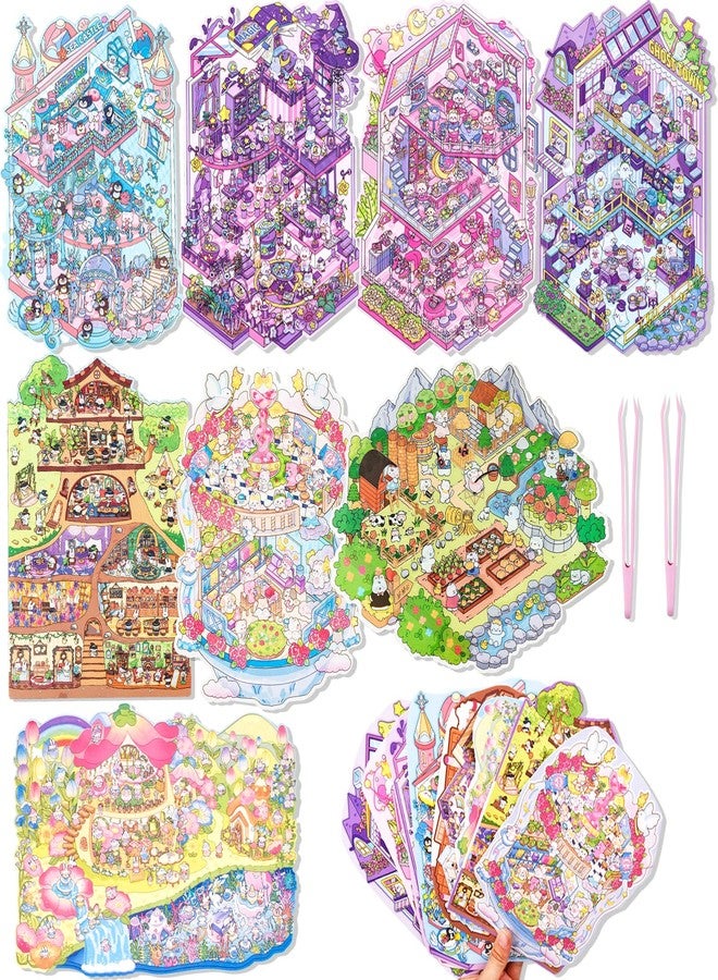 Aifong 8 Pcs Big Size DIY 3D Sticker Scene 8.3 x 11.8 Inch Sticker Therapy Cute Cartoon Stickers Scene Make Your Own Scenes Miniature Room for Relief Stress - Image 1